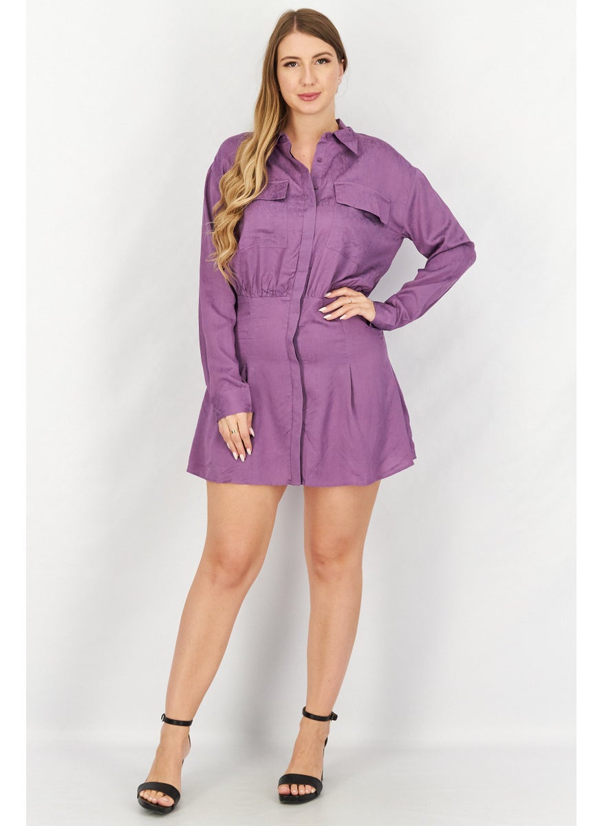 Women Seam Detail Spread Collar Casual Mini Shirt Dress, Purple