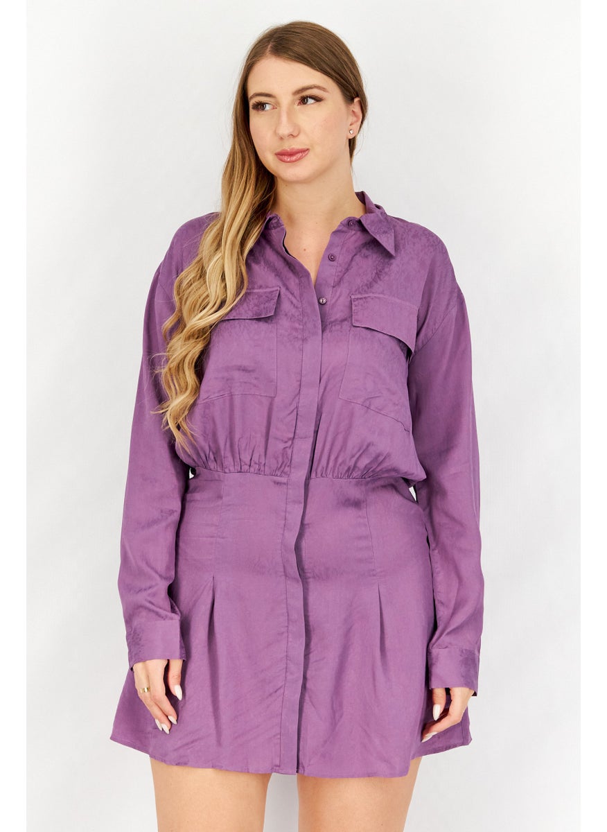 Women Seam Detail Spread Collar Casual Mini Shirt Dress, Purple