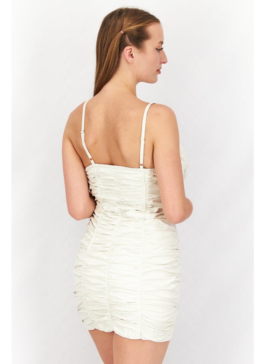 Women Gathered Sleeveless Mini Dress, Cream