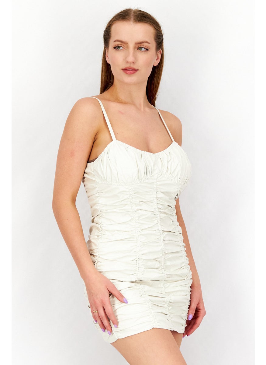 Women Gathered Sleeveless Mini Dress, Cream