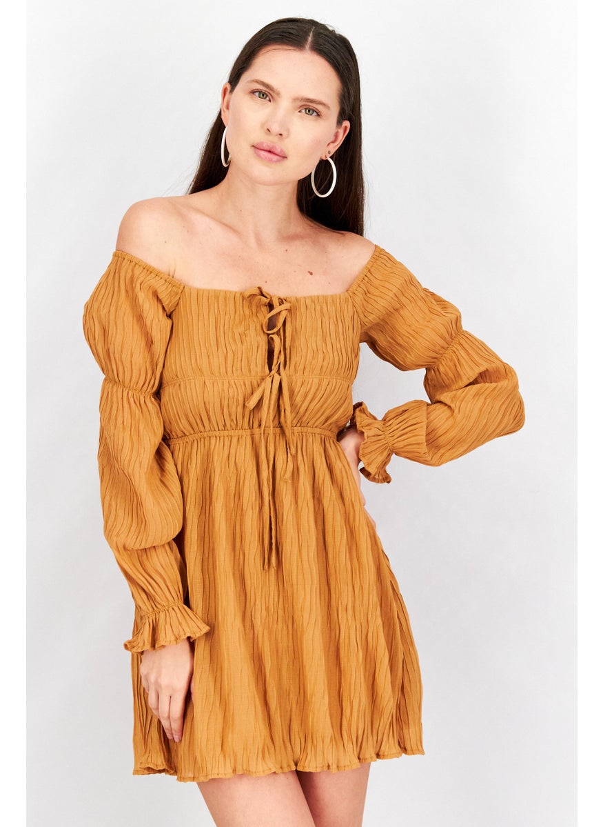 Women Off Shoulder Marie Sleeve Textured Mini Dress, Tan