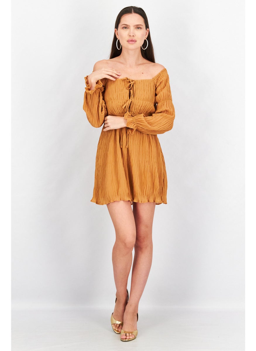 Women Off Shoulder Marie Sleeve Textured Mini Dress, Tan