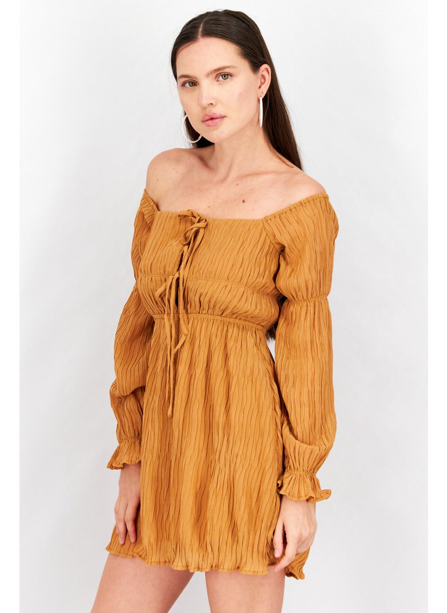 Women Off Shoulder Marie Sleeve Textured Mini Dress, Tan