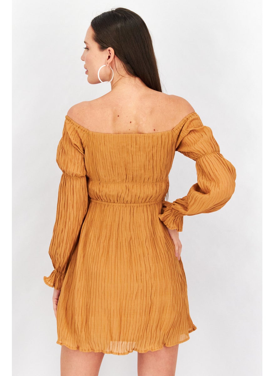 Women Off Shoulder Marie Sleeve Textured Mini Dress, Tan