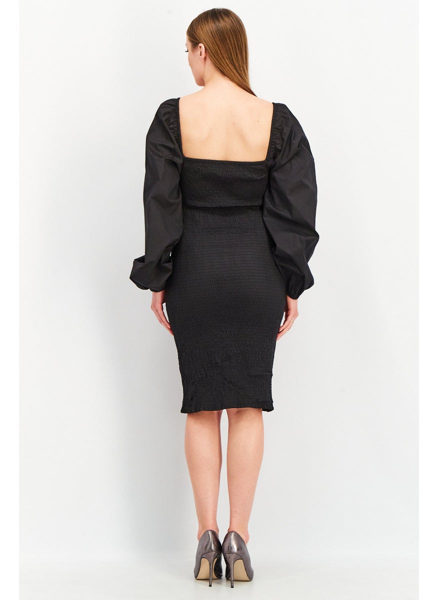 Women Puffed Sleeve Casual Mini Dress, Black