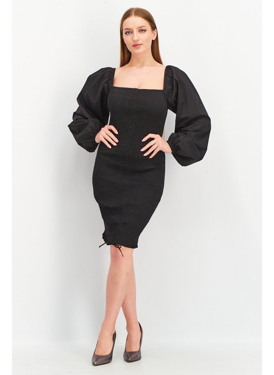 Women Puffed Sleeve Casual Mini Dress, Black