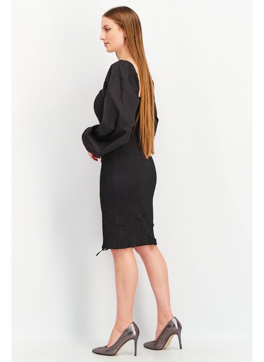 Women Puffed Sleeve Casual Mini Dress, Black