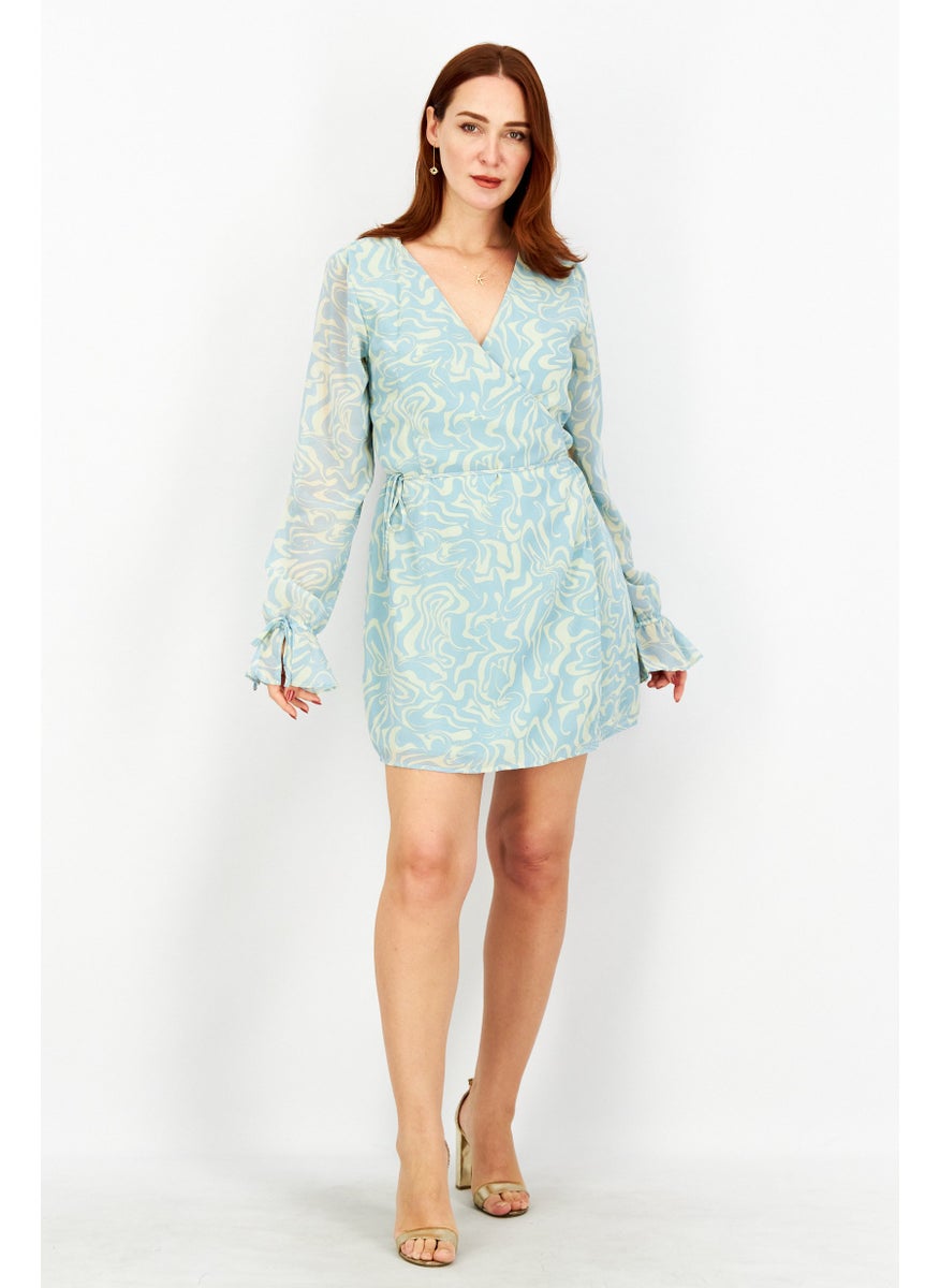 Women Allover Print Wrap Dress , Blue