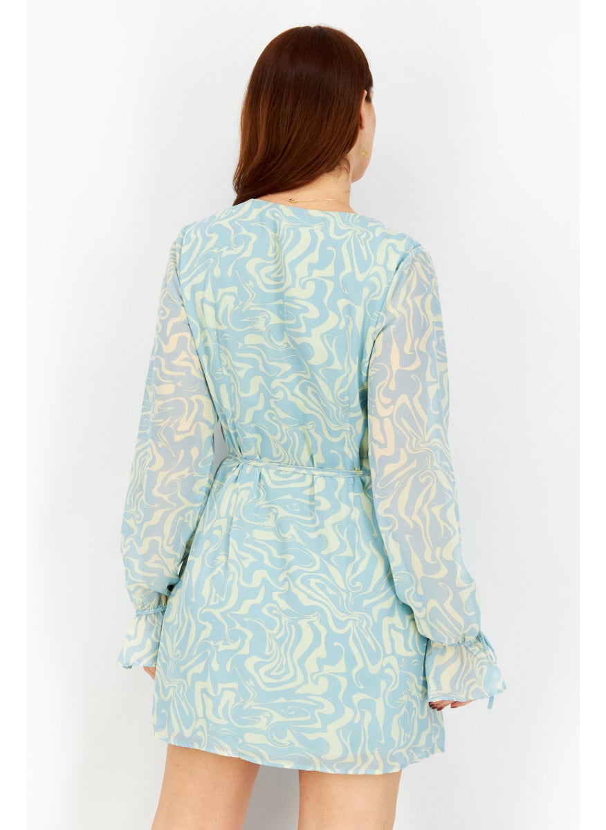 Women Allover Print Wrap Dress , Blue