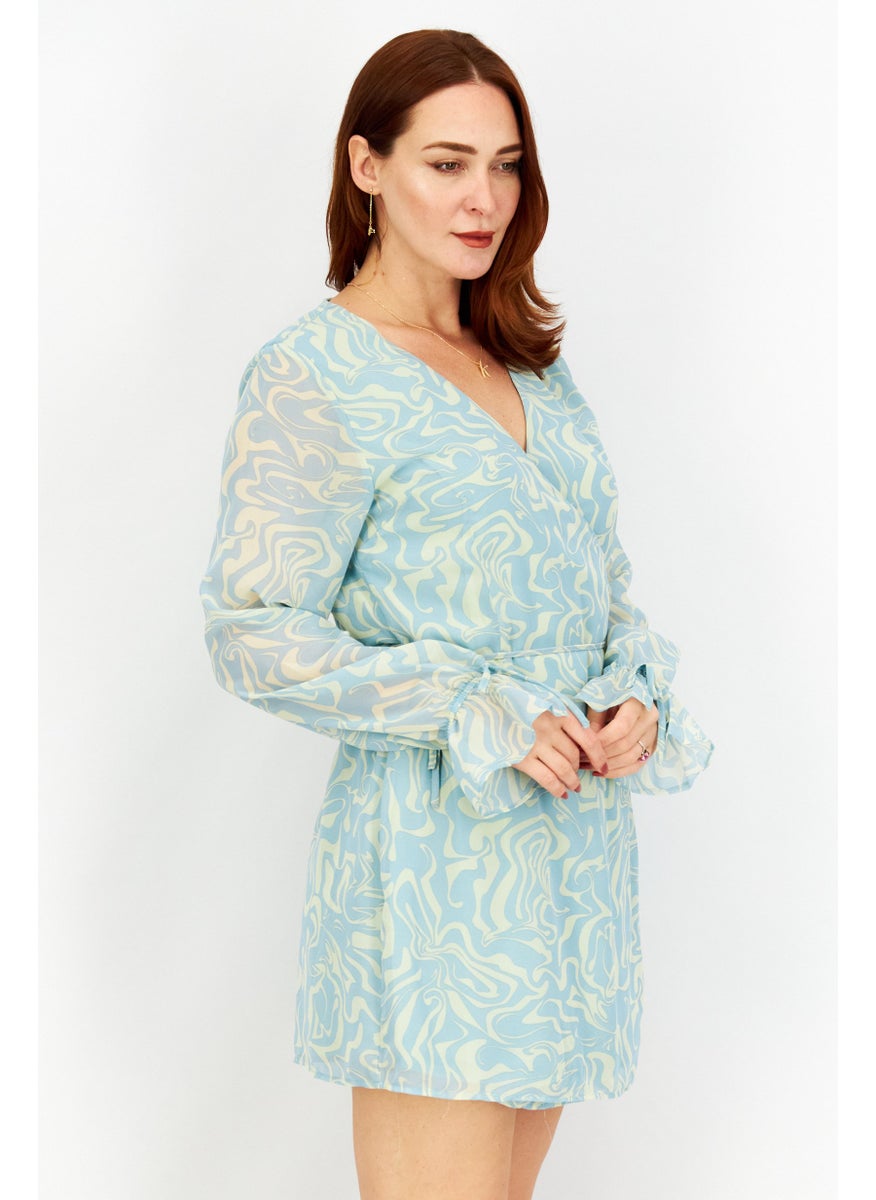 Women Allover Print Wrap Dress , Blue