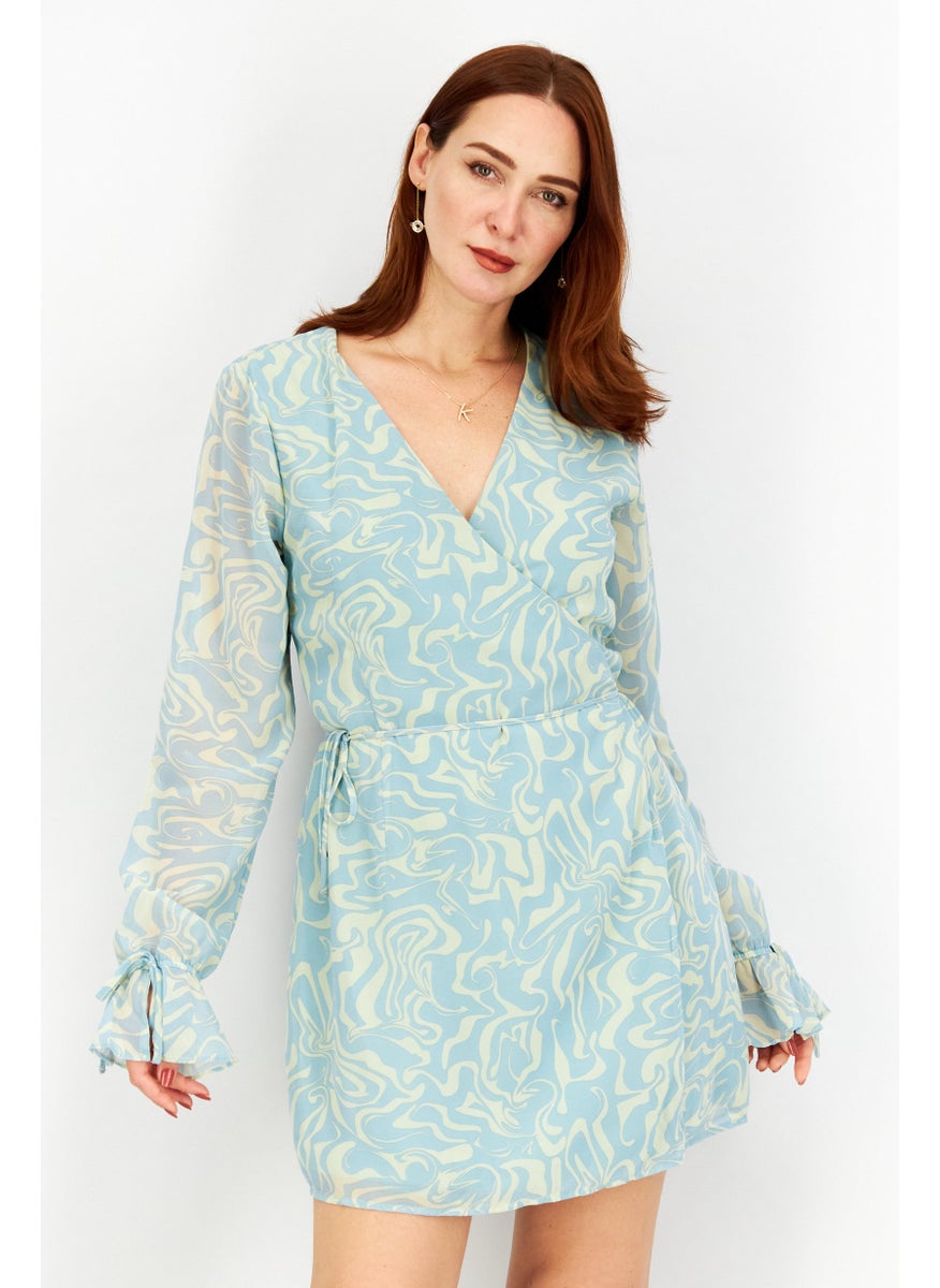 Women Allover Print Wrap Dress , Blue