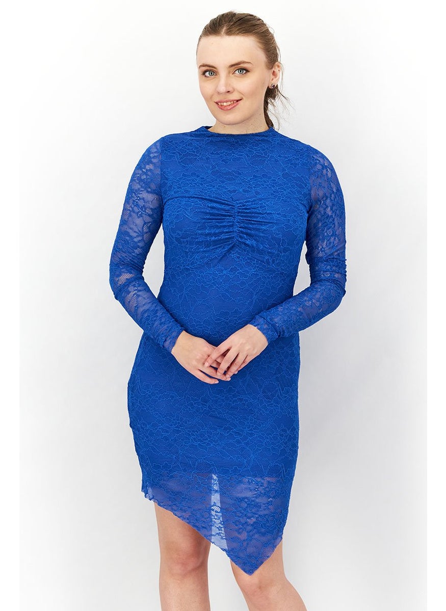 Women Lace Pointy Edge Mini Dress, Blue