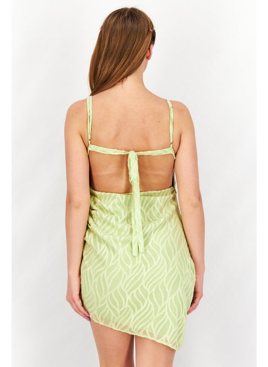 Women Textured Open Back Mini Dress, Light Green