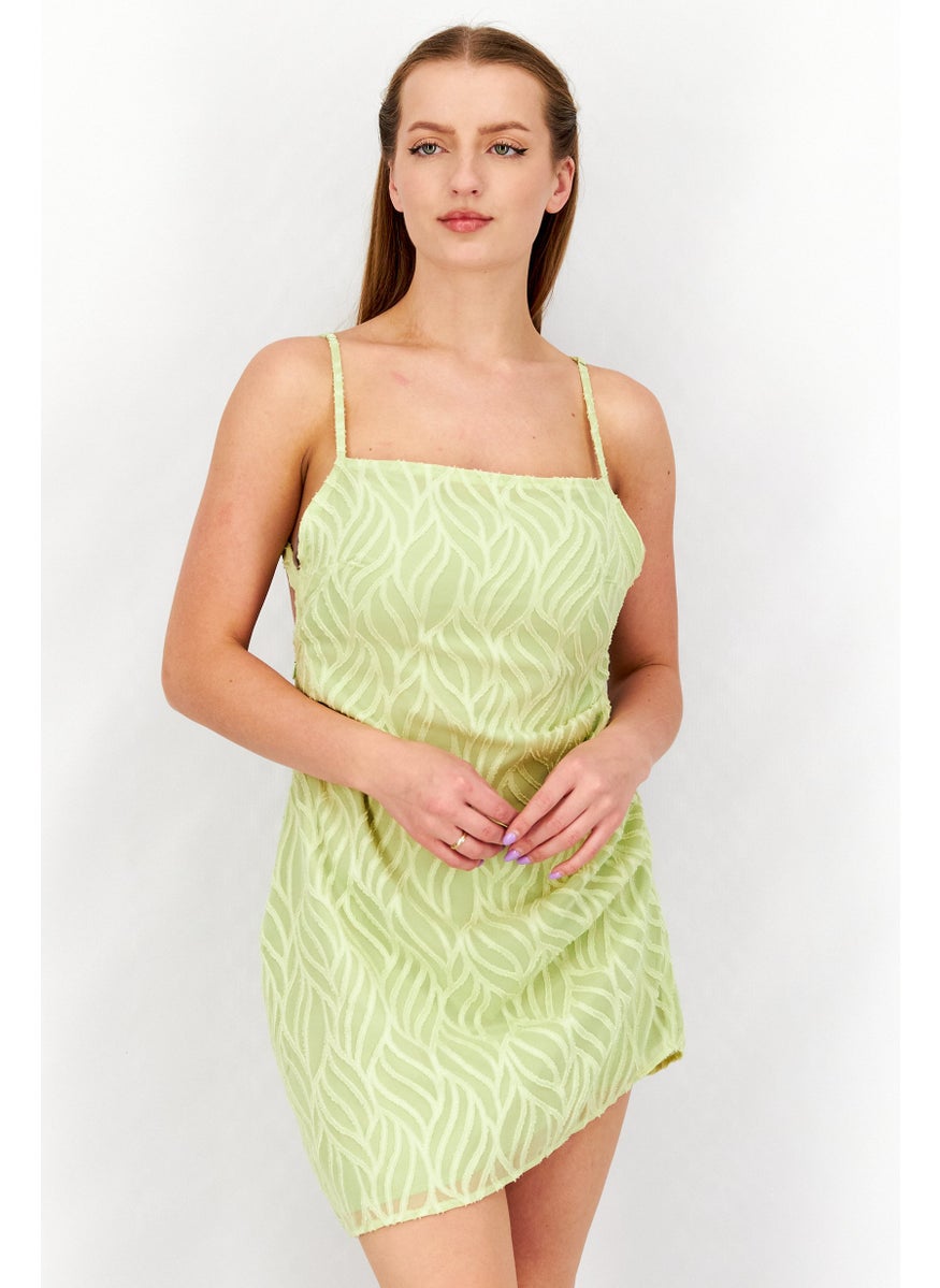 Women Textured Open Back Mini Dress, Light Green