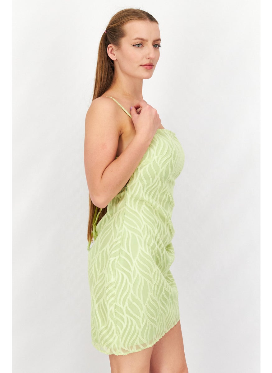 Women Textured Open Back Mini Dress, Light Green
