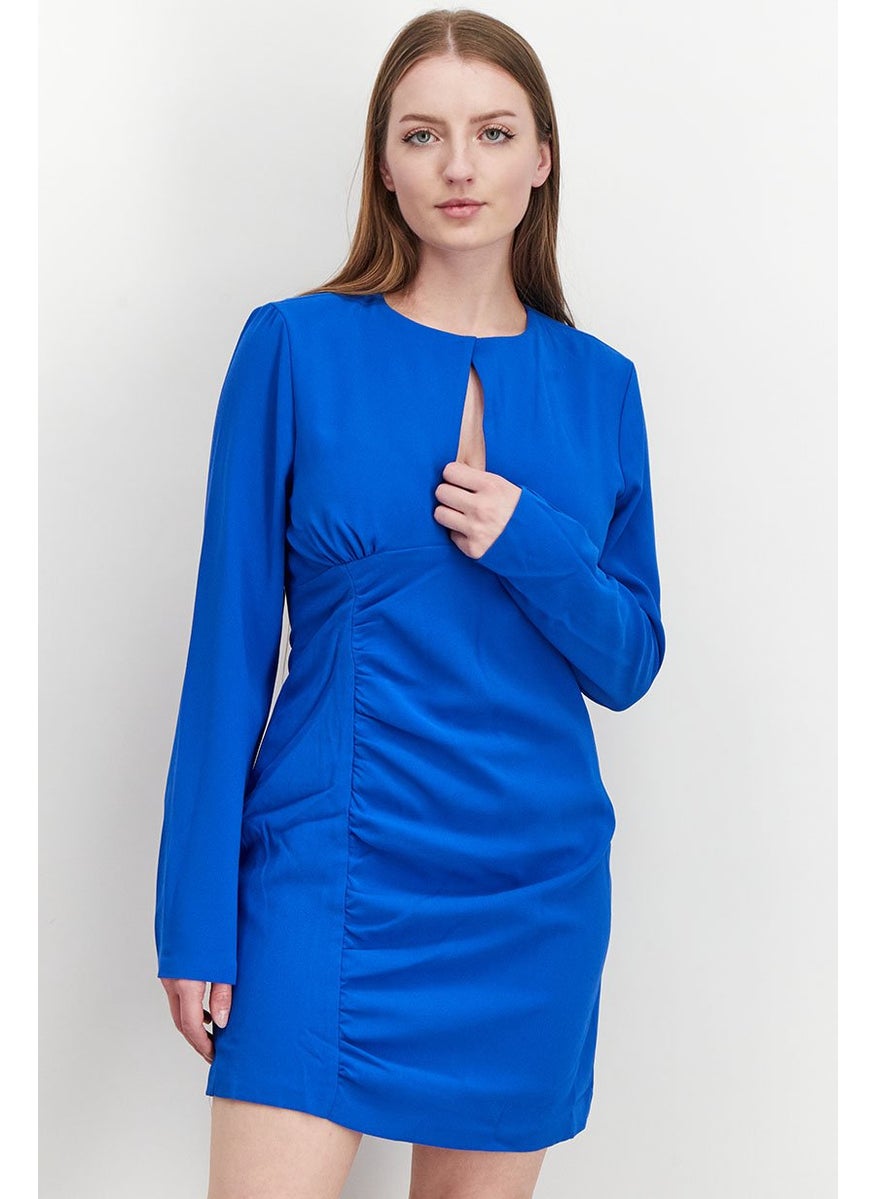 Women Cut Out Long Sleeve Gathered Mini Dress, Blue