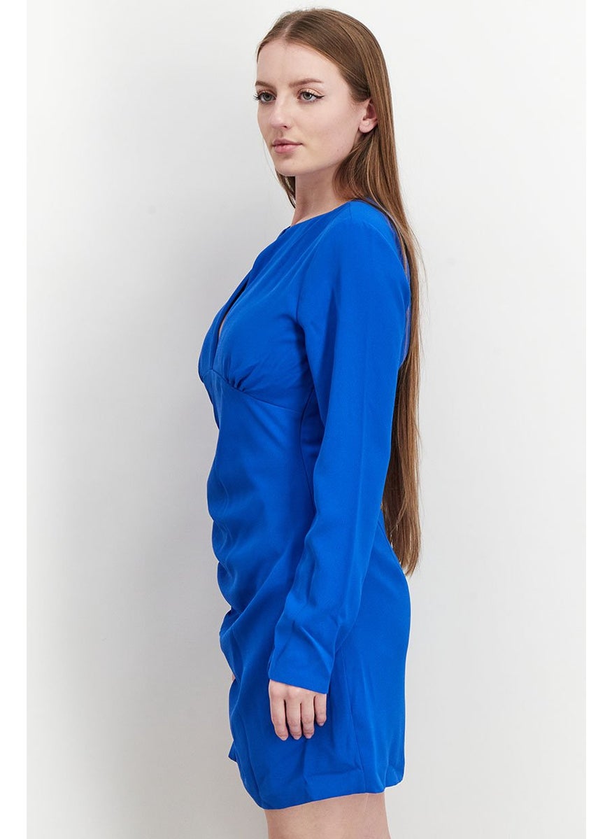 Women Cut Out Long Sleeve Gathered Mini Dress, Blue
