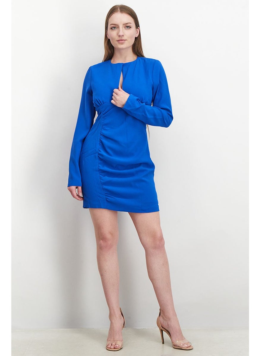 Women Cut Out Long Sleeve Gathered Mini Dress, Blue