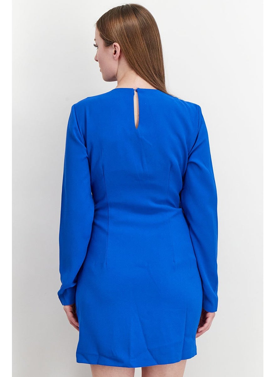 Women Cut Out Long Sleeve Gathered Mini Dress, Blue