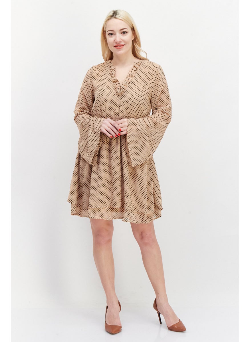 Women Polka Dot Shirred Mini Dress, Beige