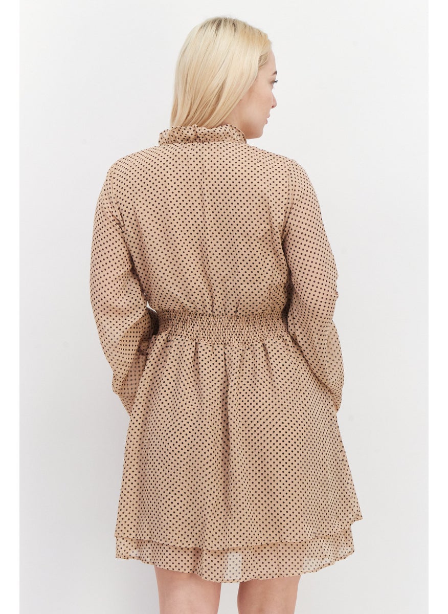 Women Polka Dot Shirred Mini Dress, Beige