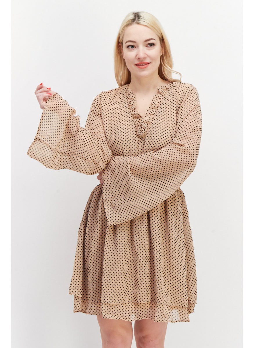 Women Polka Dot Shirred Mini Dress, Beige