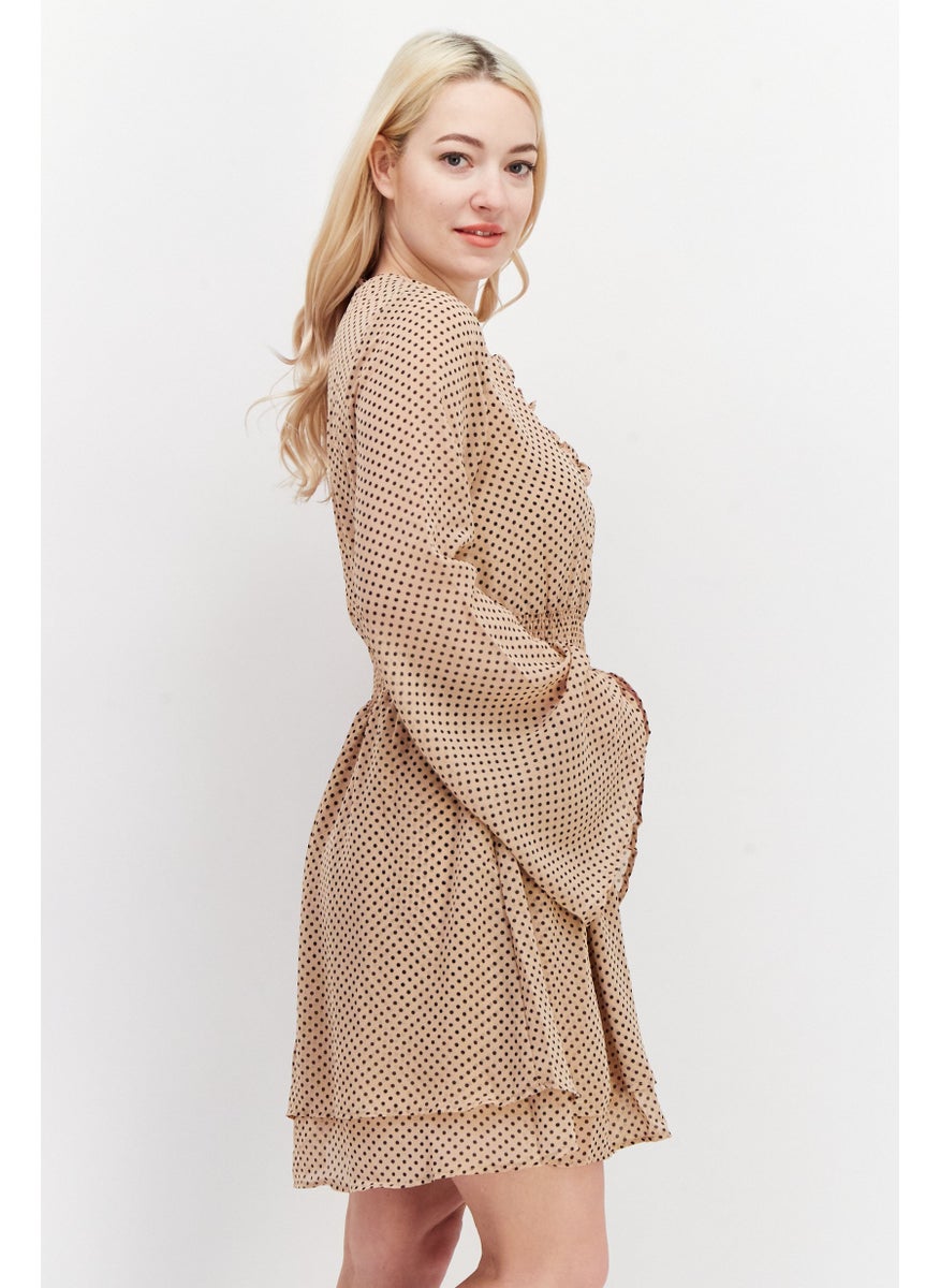 Women Polka Dot Shirred Mini Dress, Beige
