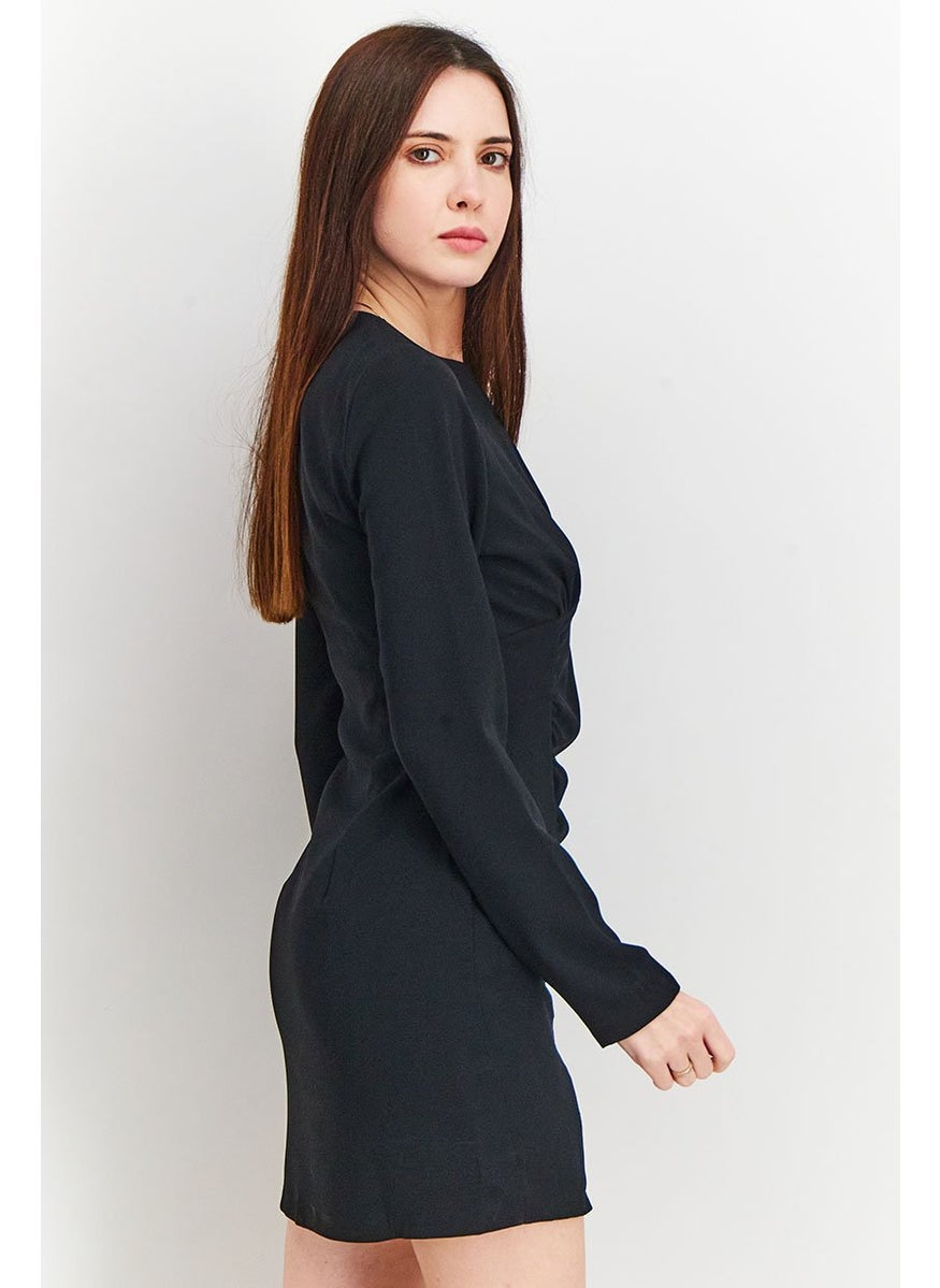 Women Cut Out Gathered Long Sleeve Mini Dress, Black