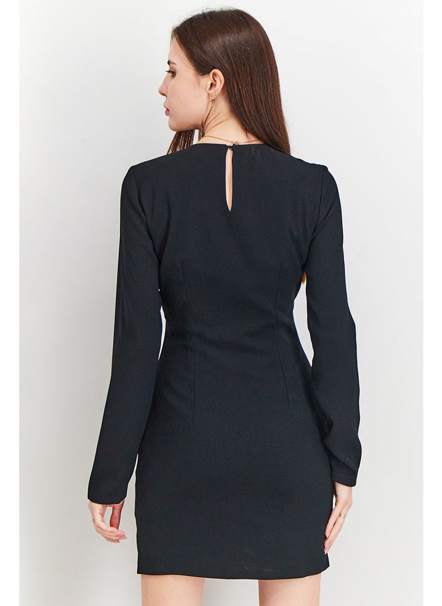 Women Cut Out Gathered Long Sleeve Mini Dress, Black