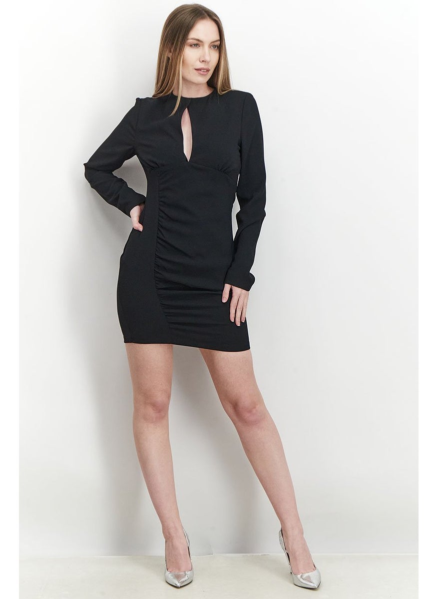 Women Cut Out Gathered Long Sleeve Mini Dress, Black