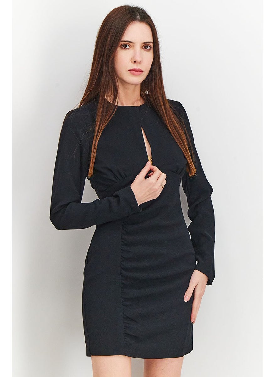 Women Cut Out Gathered Long Sleeve Mini Dress, Black