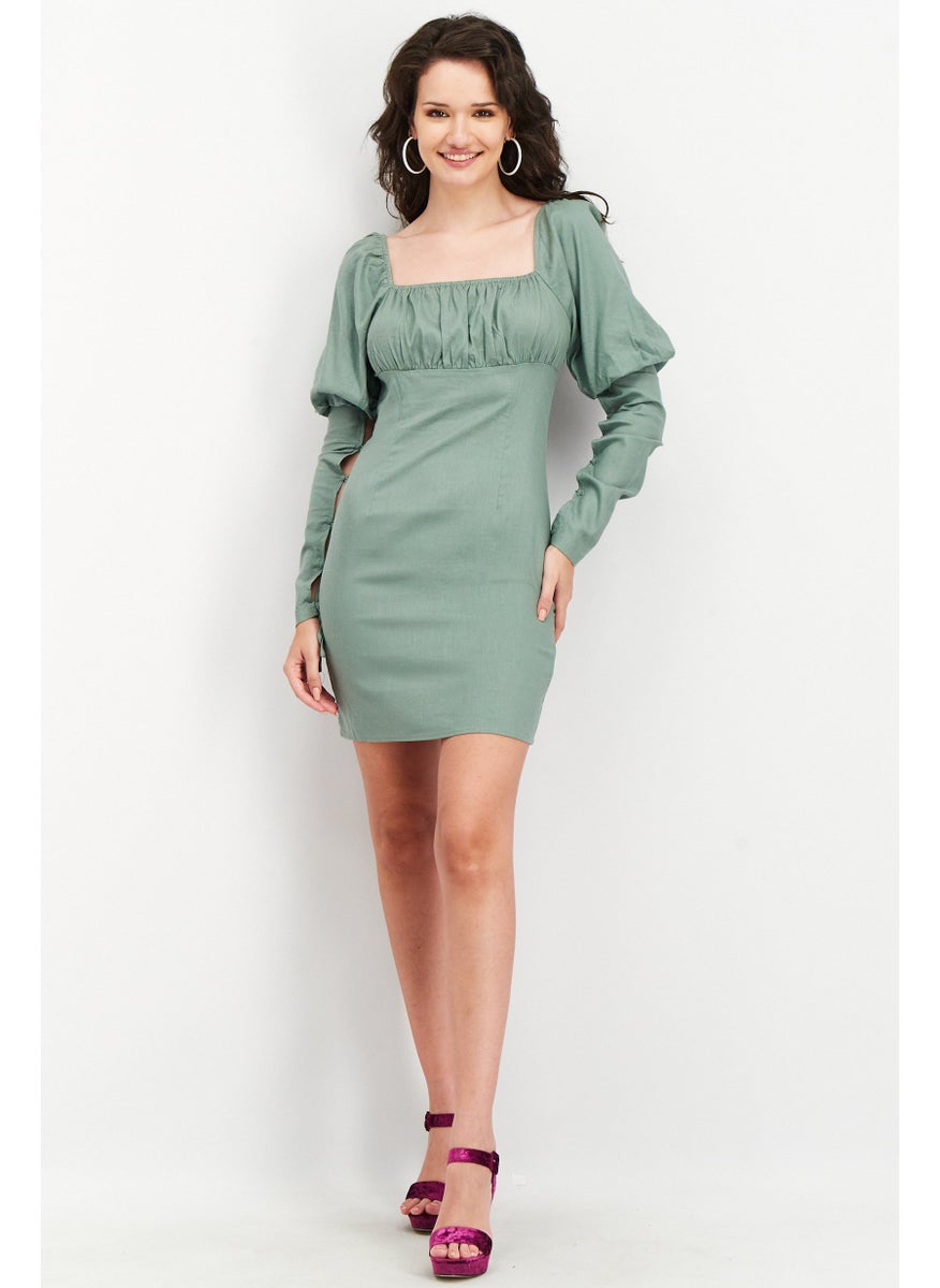 Women Solid Lacing Detail Mini Dress, Dusty Green