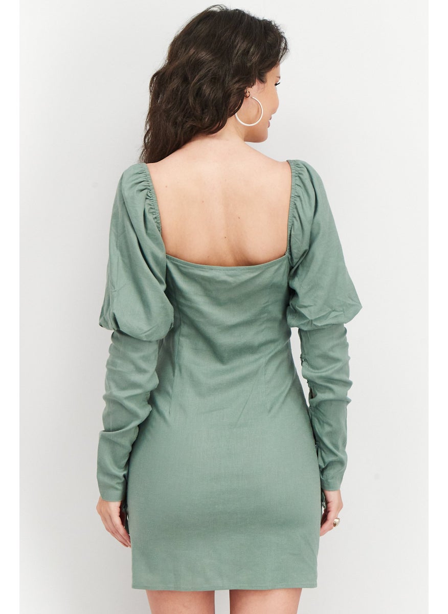Women Solid Lacing Detail Mini Dress, Dusty Green