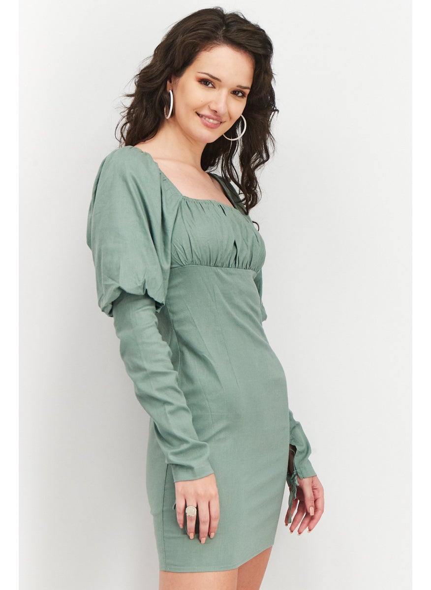 Women Solid Lacing Detail Mini Dress, Dusty Green