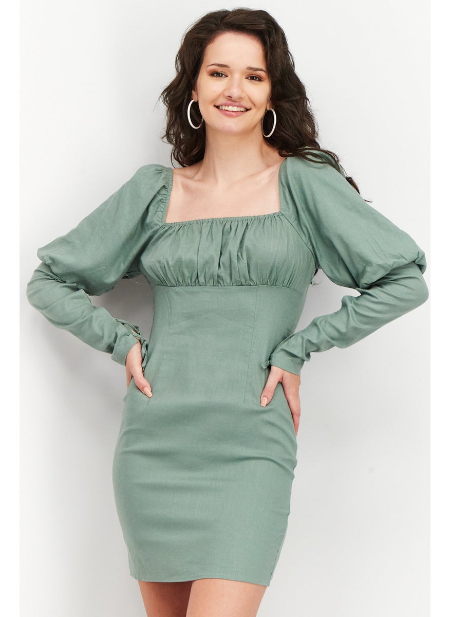 Women Solid Lacing Detail Mini Dress, Dusty Green
