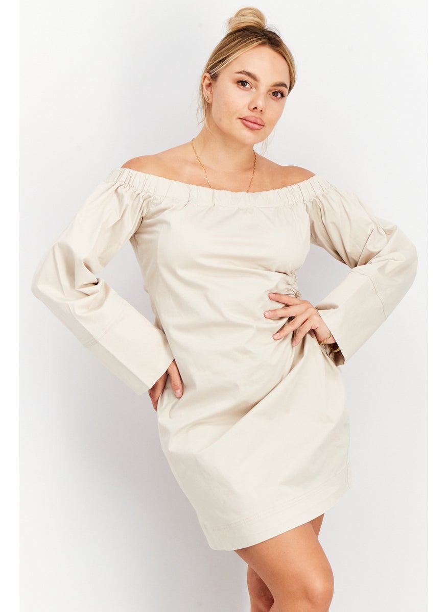 Women Slip Off Shoulder Cut Out Mini Dress, Beige