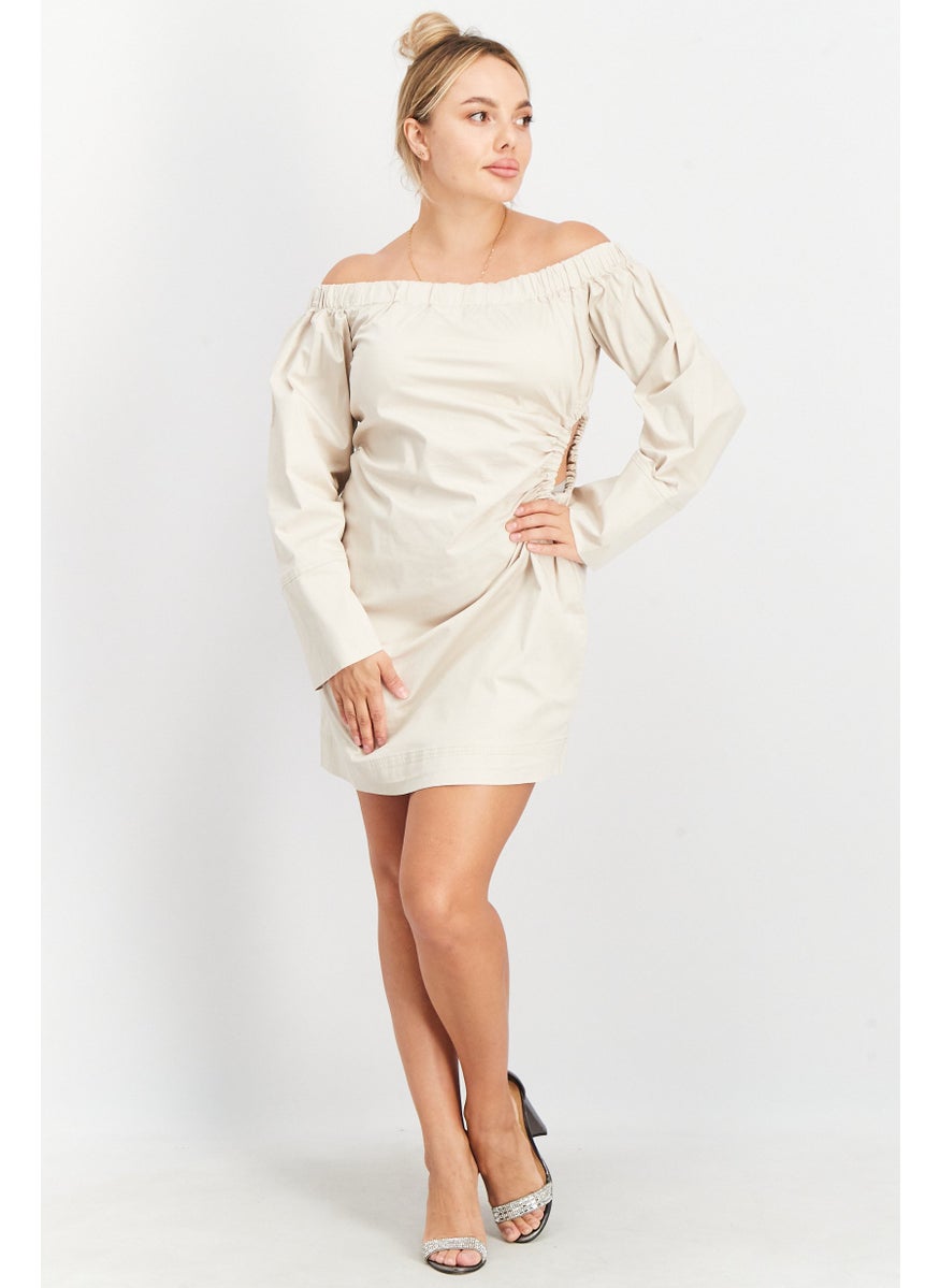 Women Slip Off Shoulder Cut Out Mini Dress, Beige