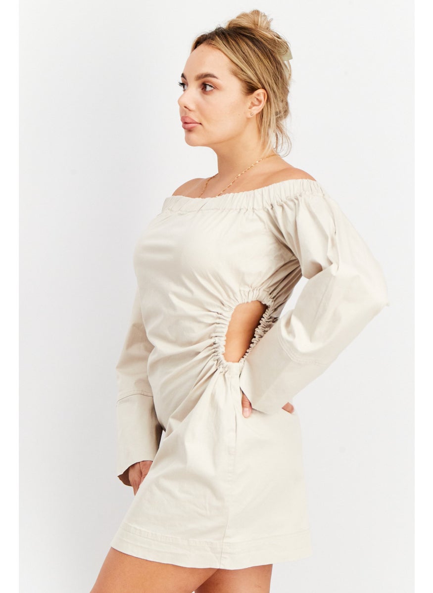 Women Slip Off Shoulder Cut Out Mini Dress, Beige