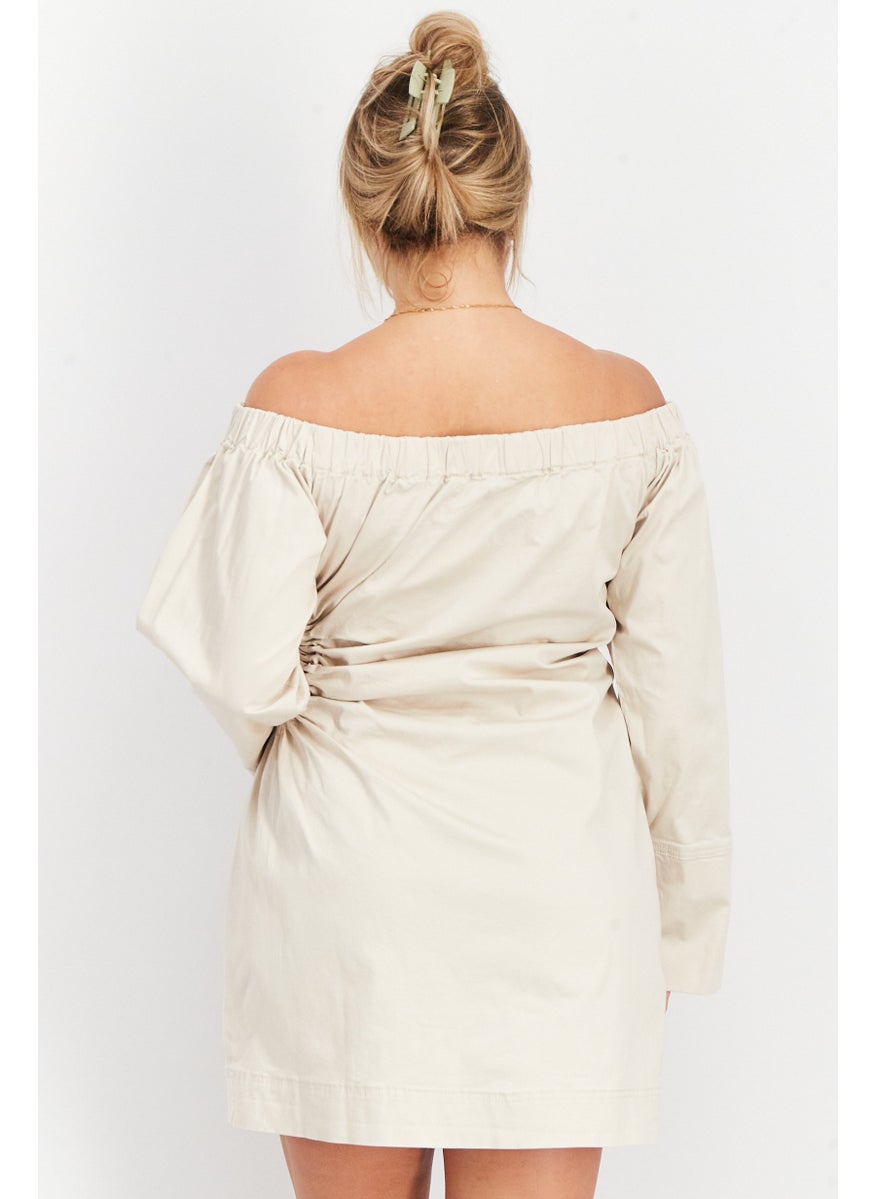 Women Slip Off Shoulder Cut Out Mini Dress, Beige