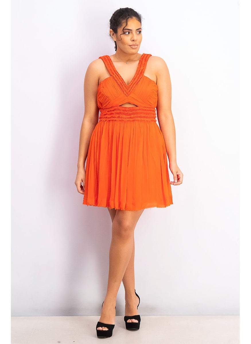 Women V-neck Sleeveless Textured Fit and Flare Dress, Orange