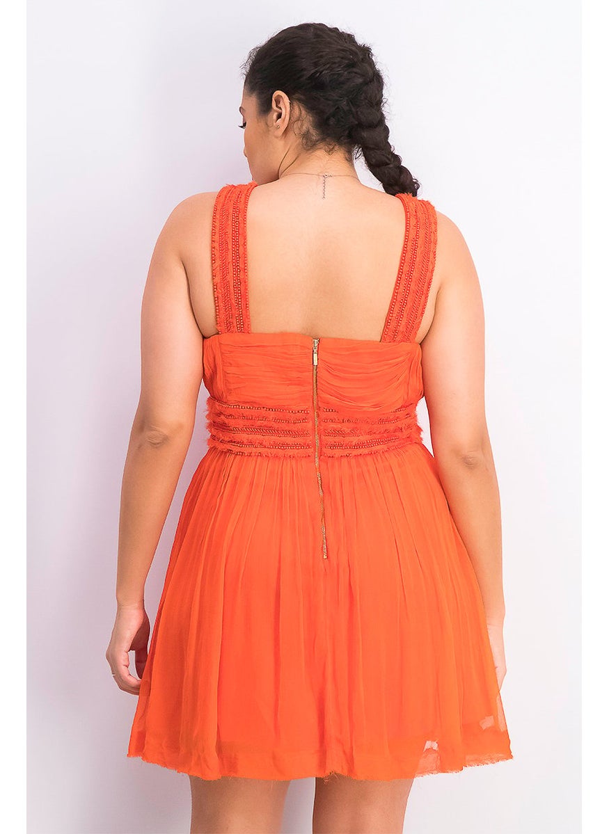 Women V-neck Sleeveless Textured Fit and Flare Dress, Orange