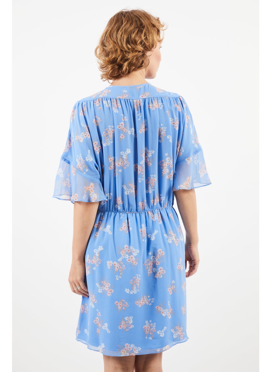 Women Floral Mini Casual Dress, Light Blue Combo