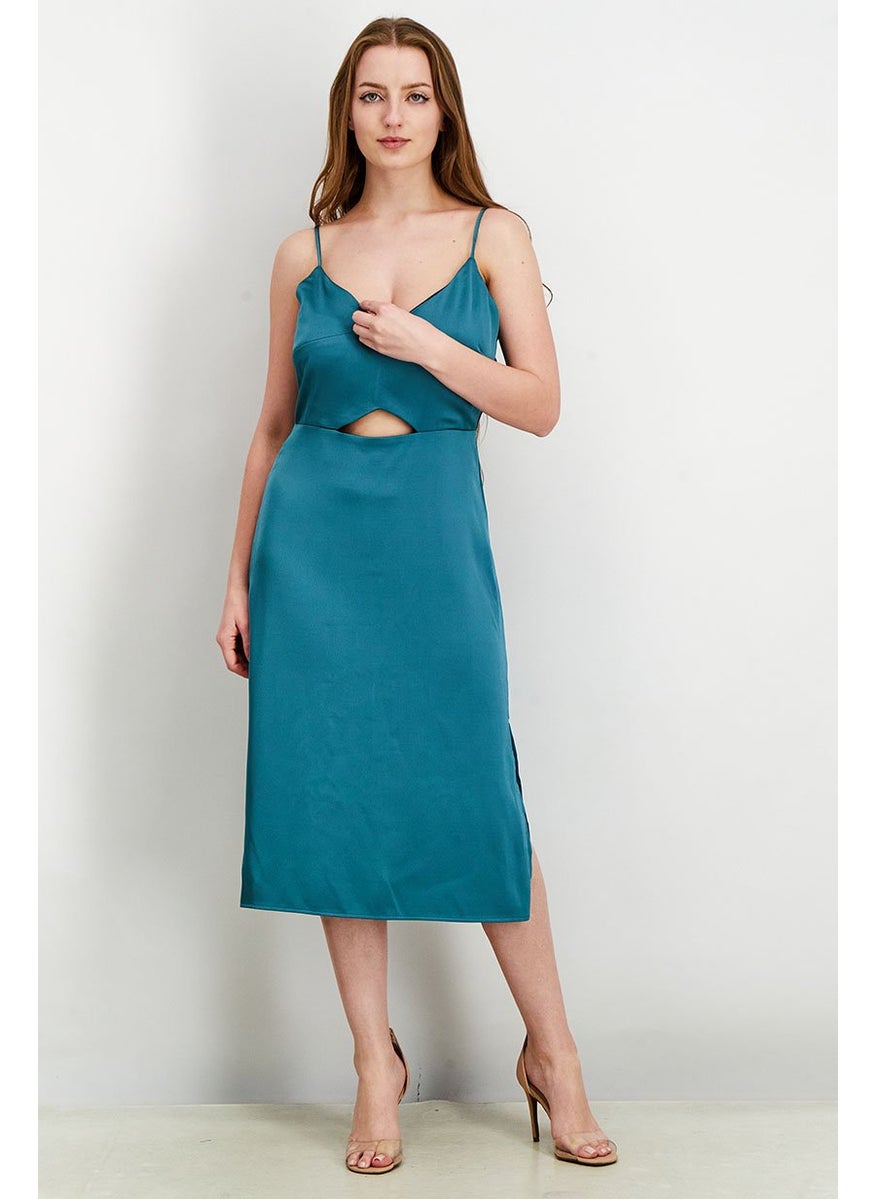 Women Plain Sleeveless Midi Dress, Industrial Green