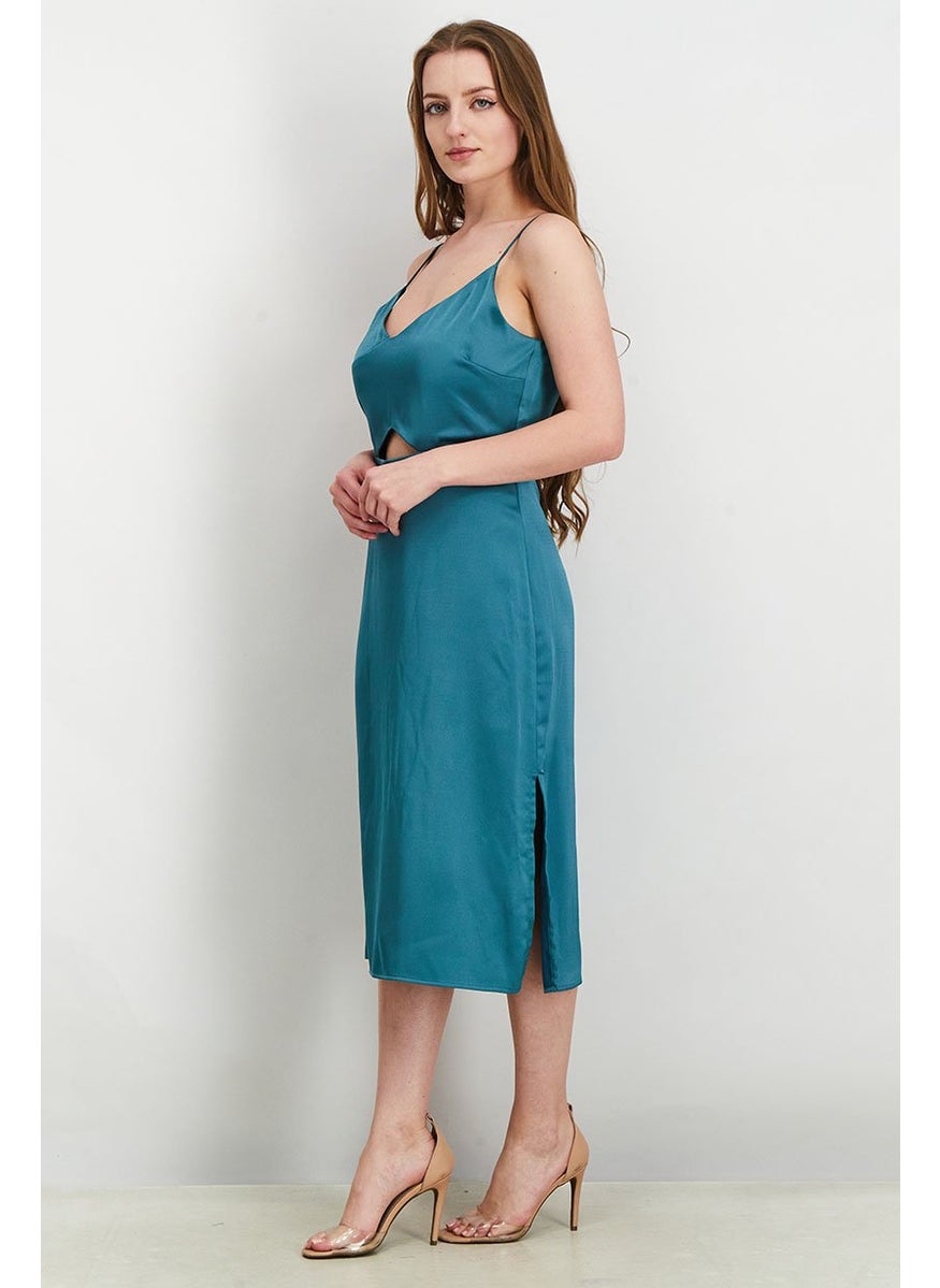 Women Plain Sleeveless Midi Dress, Industrial Green