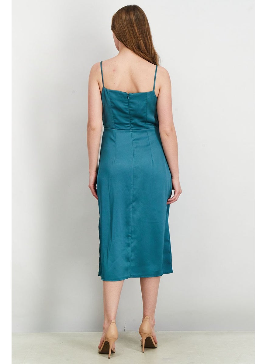 Women Plain Sleeveless Midi Dress, Industrial Green