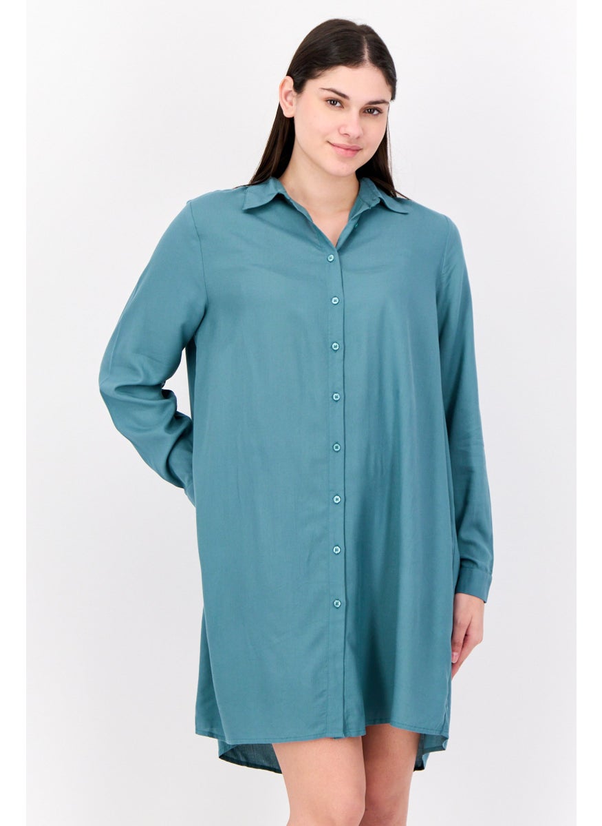 Women Solid Mini Dress Shirt, Green