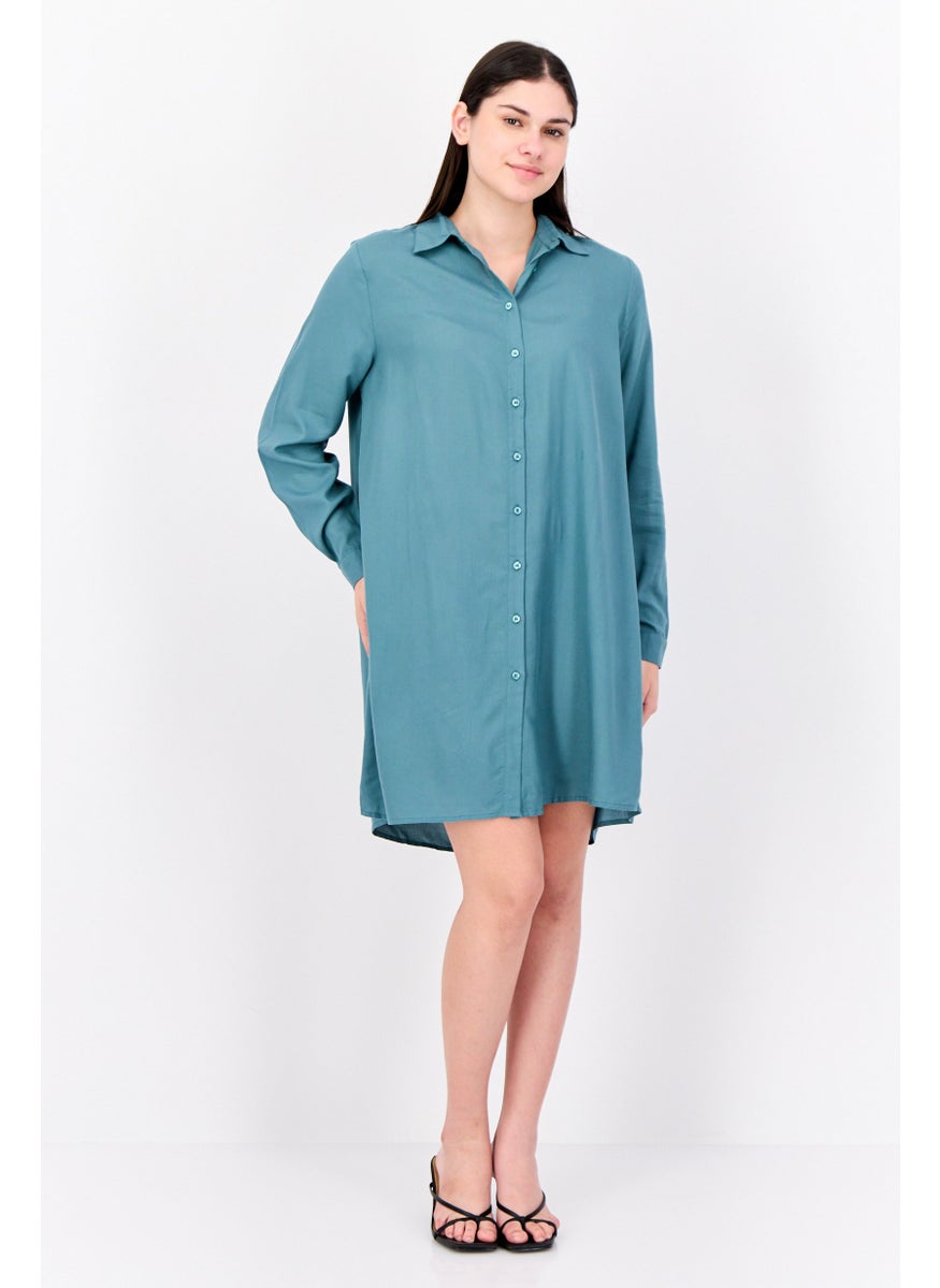 Women Solid Mini Dress Shirt, Green