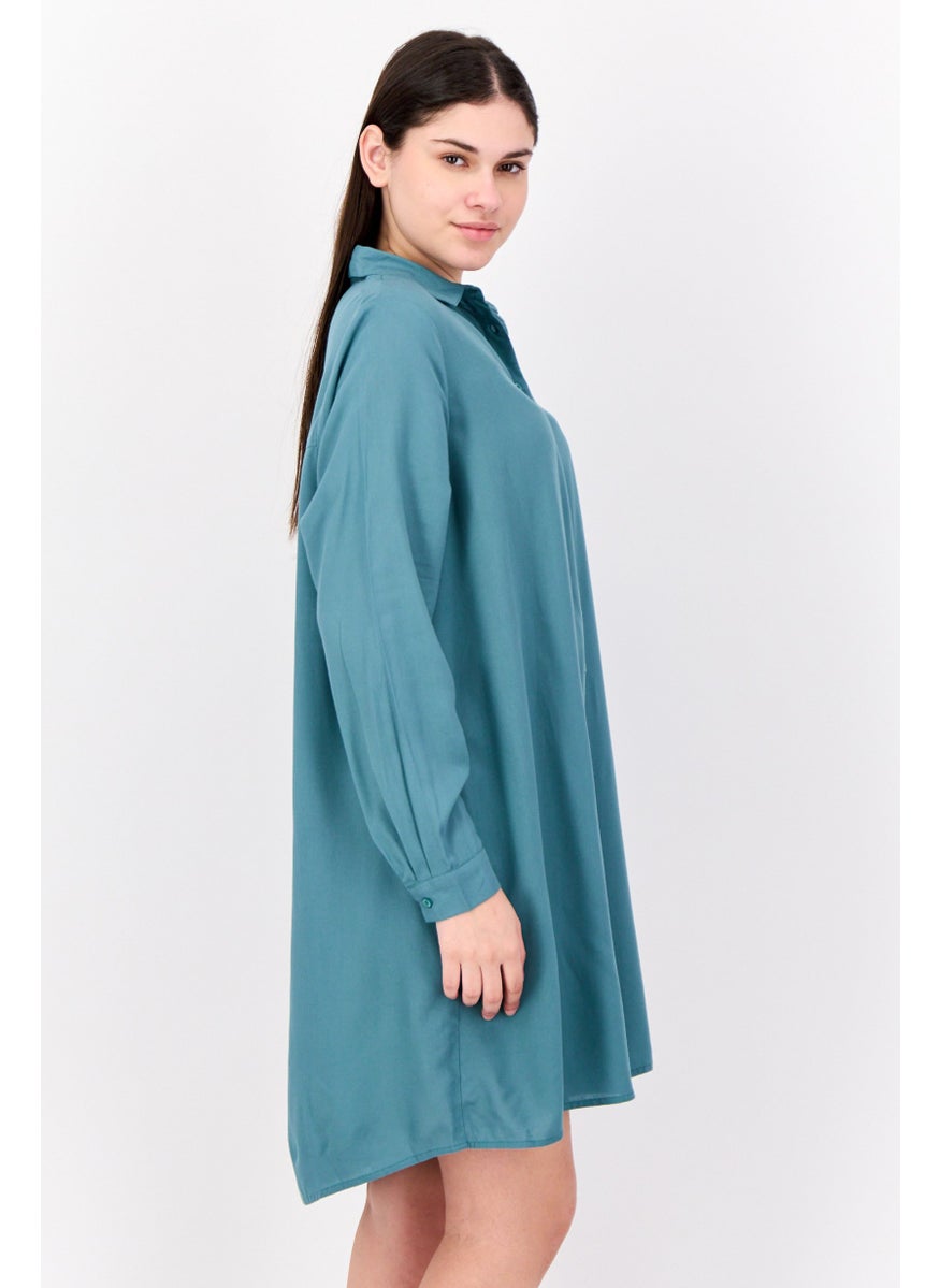 Women Solid Mini Dress Shirt, Green