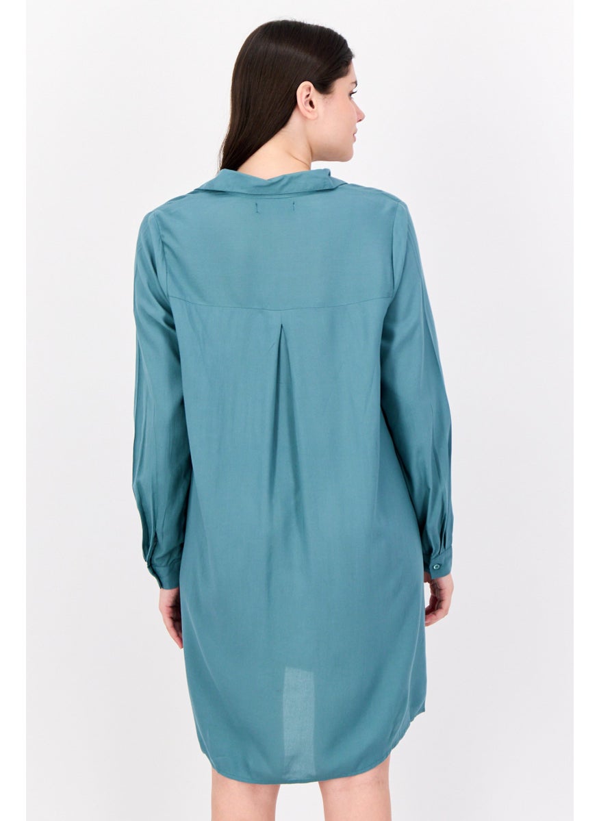 Women Solid Mini Dress Shirt, Green