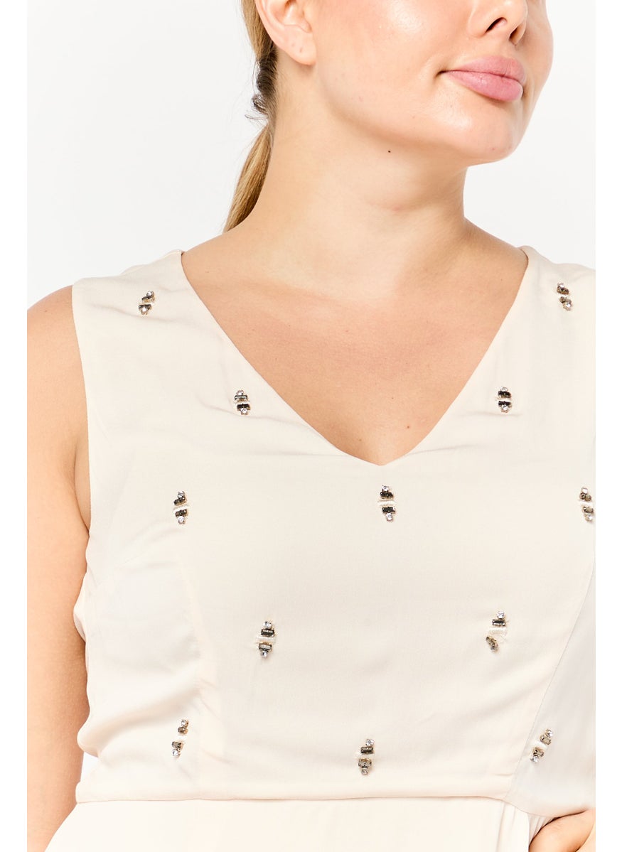 Women Rhinestone Mini Dress, Cream